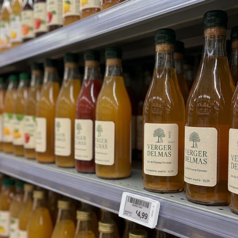 Jus de pomme fermier fictif Verger Delmas - Bouteille verre ambre bouchee cire habillee d une etiquette papier recycle ton ivoire decoupe arrondie encre vert foret et numero de lot en donnee variable calee par ETIQ LYON