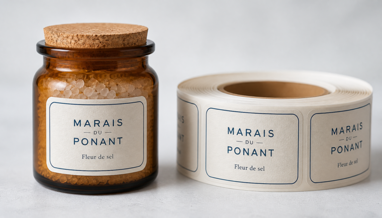 Sel marin fictif Marais du Ponant pot verre ambre - Une marque fictive de fleur de sel recoltee a la main propose un petit pot en verre ambre avec une etiquette papier texturee blanc casse decoupe arrondie et un lisere bleu profond rappelant l ocean le tout cale par ETIQ LYON.