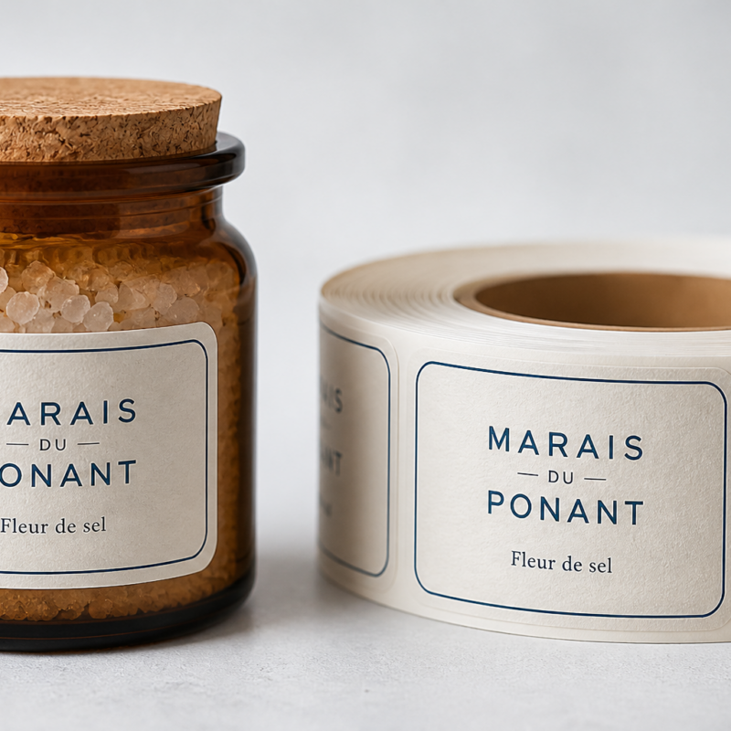 Sel marin fictif Marais du Ponant pot verre ambre - Une marque fictive de fleur de sel recoltee a la main propose un petit pot en verre ambre avec une etiquette papier texturee blanc casse decoupe arrondie et un lisere bleu profond rappelant l ocean le tout cale par ETIQ LYON.